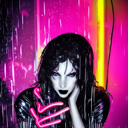 Prompt: gothic queen, splashes of neon, cartoon portrait made out of rain, trending on artstation, epic composition, beautiful, rendered in octane, unreal engine, highly detailed, realistic