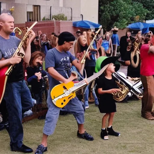 Prompt: Rage against the machine playing jazz on toy instruments in front of a crowd of angry parents