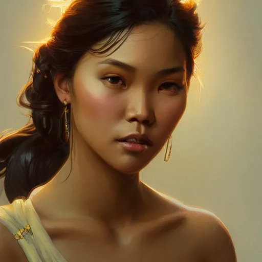 Prompt: a Filipina woman, portrait, highly detailed, digital painting, artstation, concept art, sharp focus, illustration, cinematic lighting, art by artgerm and greg rutkowski and alphonse mucha