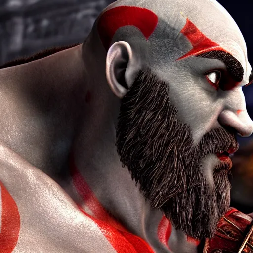 Image similar to close up side view of kratos from god of war staring at a hamburger