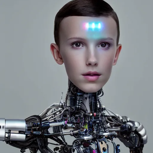 Prompt: beautiful centered Fine art photo portrait of adult Millie Bobby Brown as a solarpunk robotic humanoid, white mechanical parts with led lights, photorealistic, white background, highly detailed and intricate, sunset lighting, HDR 8k