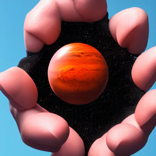 Prompt: A miniature mars floating above the palm of a hand. Studio Lighting, 8k, High Detail, Octane Render, Trending on Barkstation