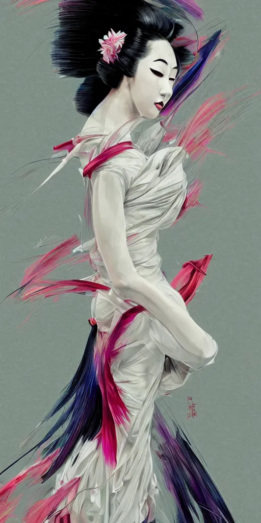 Image similar to full body geisha prima ballerina dancing in the wind, beautiful, ethereal, gorgeous, volumetric lighting, elegant, fluid, highly detailed oil painting, digital painting, concept art, smooth, sharp focus, illustration, strong lines and bold colors, limited color palette, atmosphere and tension, Japanese,manga, trending on artstation