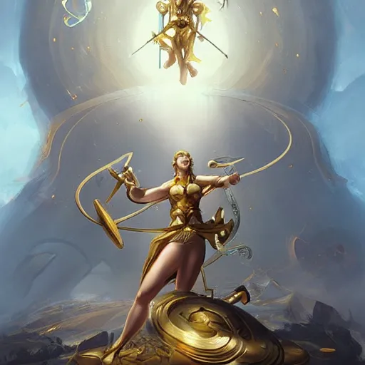 Image similar to Athena of Abyssinia in gold, defeats Chronos with thrown disc, by Peter Mohrbacher:5 Trending on Artstation:5