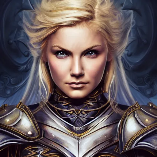 Prompt: head-on centered symmetrical painted portrait, Elisha Cuthbert as a paladin, blonde hair, steel English armour, dramatic lighting, intricate, fantasy, intricate, elegant, highly detailed, digital painting, smooth, sharp focus, illustration, dramatic lighting, artstation, in the style of Artgerm and Anna Podedworna