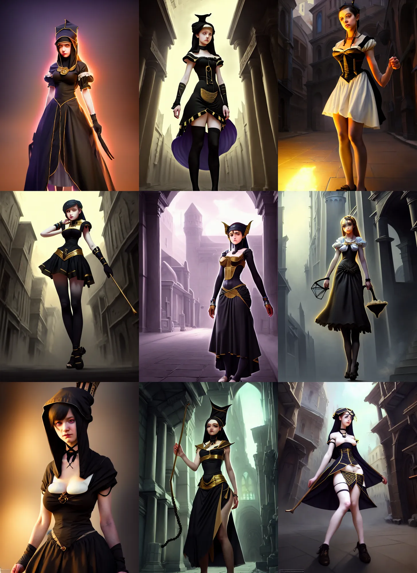 Prompt: sophisticated composition, old masters light composition, procedurally generated, epic maid girl character posing for concept art, gothic city streets behind her, costume design from ancient egyptian designers, substance designer, PBR, HD, Ultra detailed, hyperrealistic, megascans, volumetric light, concept by master artist, made in paint tool SAI2, trending pixiv face