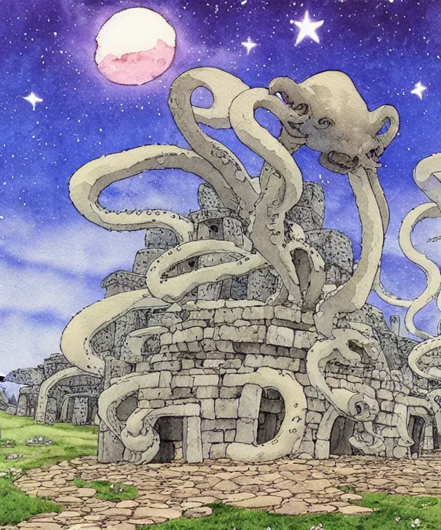 Image similar to a hyperrealist studio ghibli watercolor fantasy concept art. in the foreground is a giant grey octopus building and putting stones in to place on top of stonehenge with shooting stars all over the sky in the background. by rebecca guay, michael kaluta, charles vess