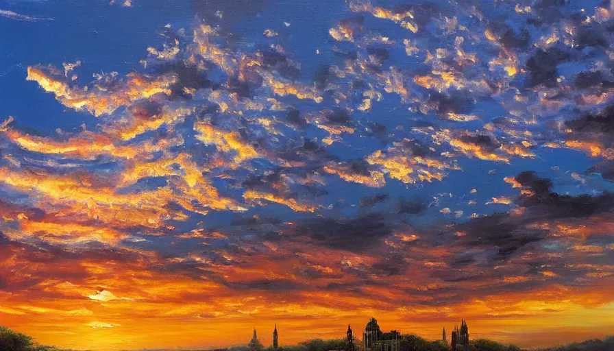 Prompt: Beautiful monumental mansion with fractal towers and spires, ribbon clouds, oil painting, hyperrealistic, sunset