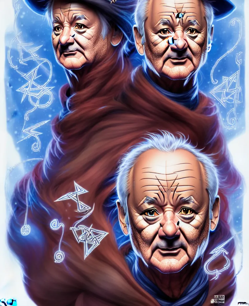 Image similar to portrait of Bill Murray, face, dressed as a wizard, magic runes, lightning, intricate, by Artgerm and James Jean and Ross Tran, hyper detailed, character design, concept art, trending on artstation,