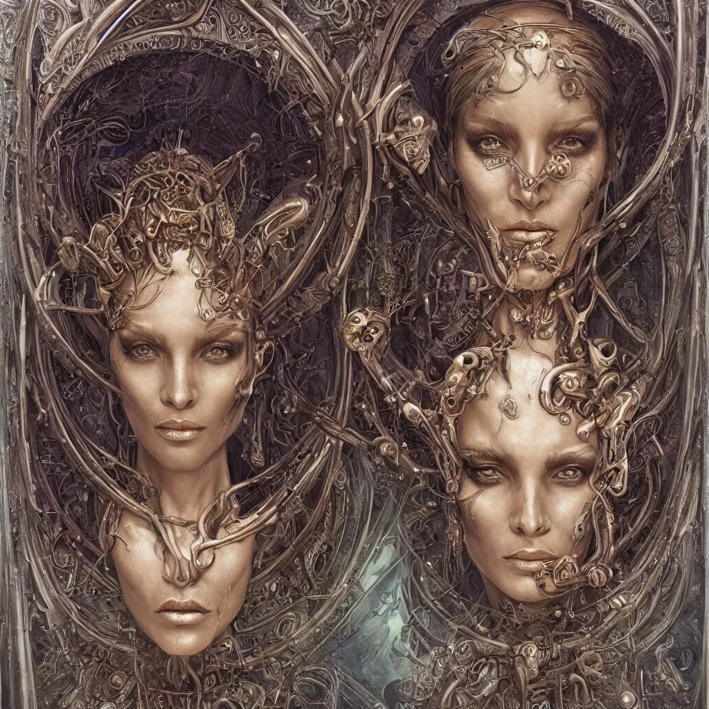 Image similar to beautiful and exotic alien queen bust portrait, glowering judging eyes, art nouveau declotage, perfect symmetrical facial features, hyperrrealistic bone structure, extremely hyperdetailed, mixed media painting, unreal engine, 8 k, octane, 8 mm, by travis charest, rodney matthews and chris achilleos