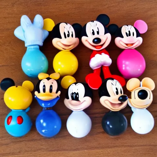 Prompt: product photograph of vintage disney figurines, cute, popular, collectible, toys figures, mickey mouse, miney mouse, pluto, kawaii, toys, white background,