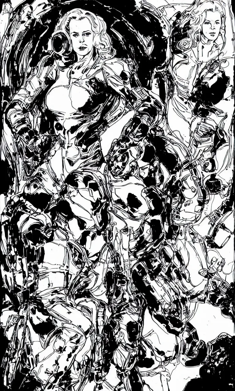 Image similar to black and white comic book art of nicole kidman taking charge in an astronaut suit, jung gi kim, mark schultz, bernie wrightson, jim lee, alphonse mucha