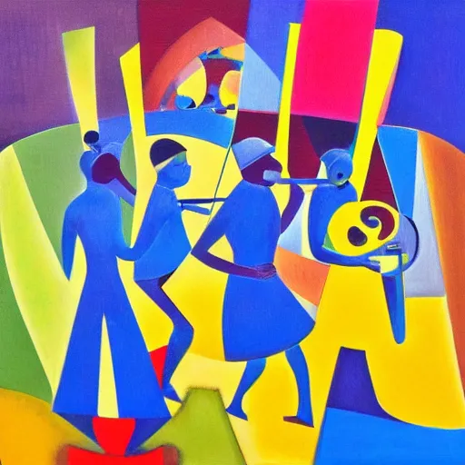 Prompt: fiddles and violins play joyful music as women dance across the bridge at sunset, abstract art in the style of cubism,