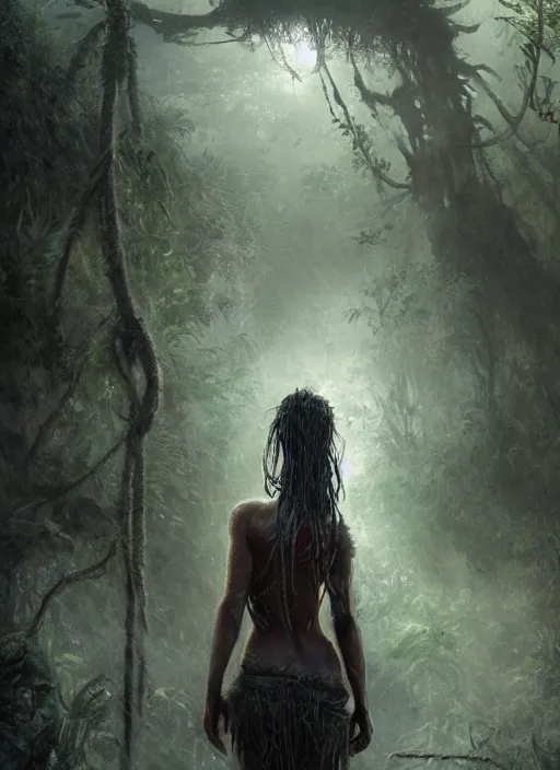Image similar to a tribal woman from behind, in front of the aircraft carrier USS Nimitz overgrown with vegetation, lush rain forest, post appocalyptic, by Luis Royo, by Greg Rutkowski, dark, gritty, intricate, backlit, strong rim light, cover illustration, concept art, volumetric lighting, volumetric atmosphere, sharp focus, octane render, trending on artstation, 8k