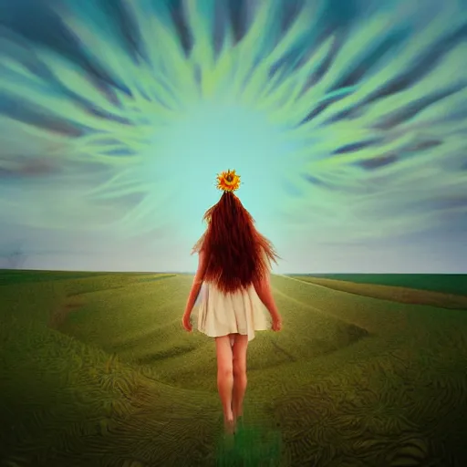 Prompt: closeup giant dahlia flower crown head, a girl walking between dunes, surreal photography, sunrise, blue sky, dramatic light, impressionist painting, digital painting, artstation, simon stalenhag