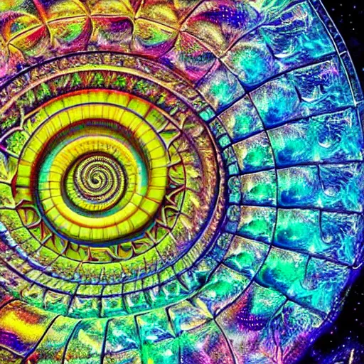 Prompt: Spiral From the edges to the center into infinity hyperdetailed hyperrealism astral cosmic dystopian ethereal galactic intricate dark, encased in a crystal cube