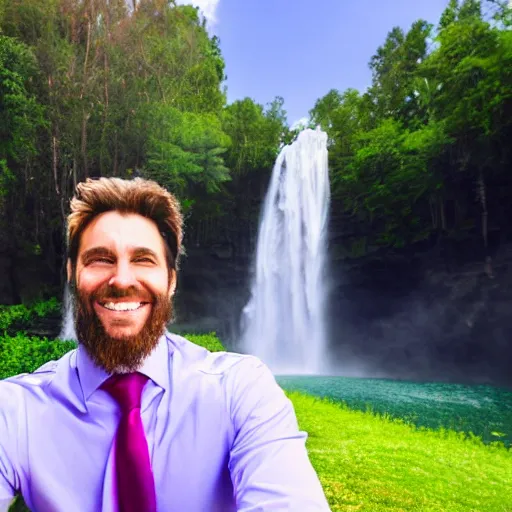 Prompt: portrait of a man wearing a suit smiling with big white teeth, waterfall background, intense blue sky, trees, magenta colors”