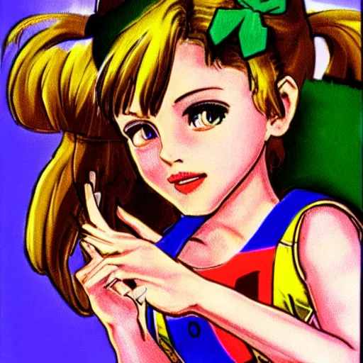 Prompt: snes console graphics, 1 6 bit, game character of kid girl, brown jacket with sleeves that touch the ground, brown hair, hair down, pigtails hair, green eyes, clean background