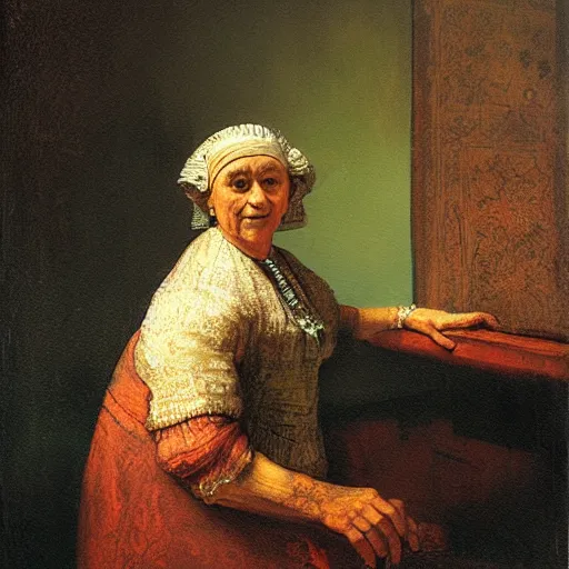 Prompt: a painting of a senior woman at the casino in the style of Rembrandt