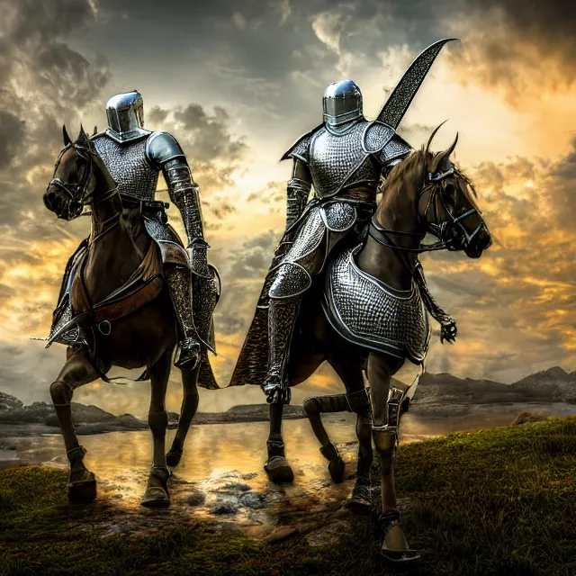 Prompt: knight, fantasy, reflect, highly detailed, 4 k, hdr, smooth, sharp focus, high resolution, award - winning photo, photorealistic