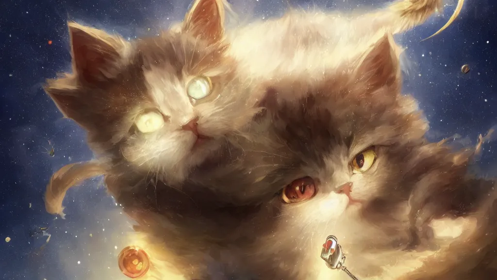 Image similar to cartoonish kitten wearing a wizard cat and a fake beard floating in space, bright stars, anime, a fantasy digital painting by Greg Rutkowski and James Gurney, trending on Artstation, highly detailed