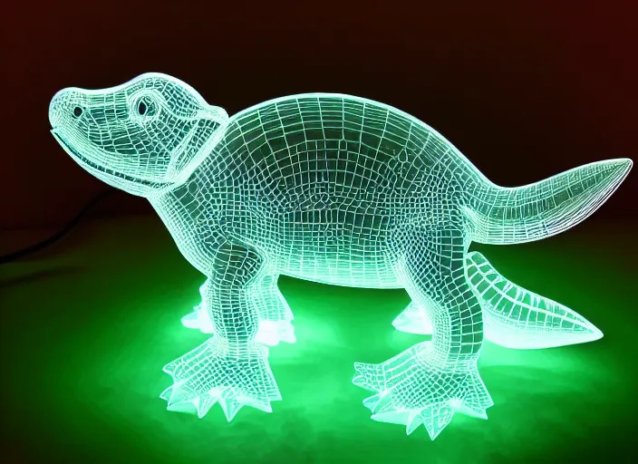 Prompt: photo of a translucent clear pixar 3 d style baby dinosaur stegosaurus, with symmetrical head and eyes, made out of clear plastic, but has red hypercolor glowing electric energy inside its body, and electricity flowing around the body. in the forest. electric bubbles and electric red clear glass hearts, fantasy magic style. highly detailed. intricate design by pixar