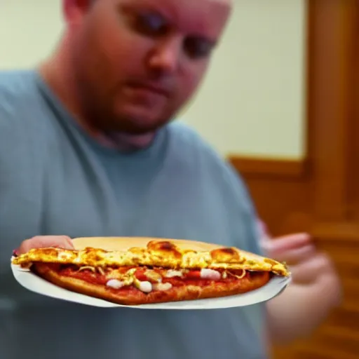 Prompt: gopro footage of a man made out of hotdogs eating a slice of pizza in a court room, iso 2 0 0, depth of field, cinematic, volumetric lighting