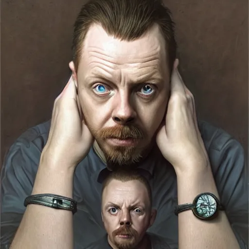 Image similar to portrait painting of simon pegg with a winchester, ultra realistic, concept art, intricate details, eerie, highly detailed, photorealistic, octane render, 8 k, unreal engine. art by artgerm and greg rutkowski and alphonse mucha