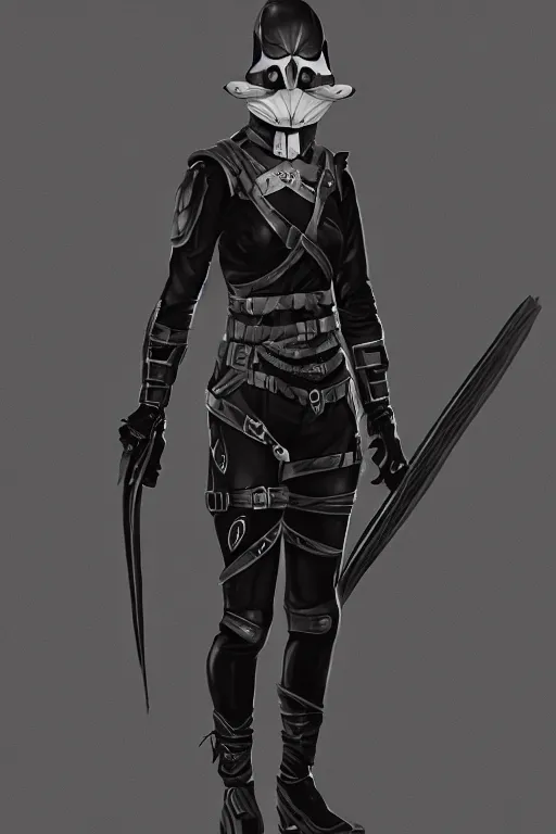 Image similar to female adventurer in tight full - body black leather armor of japanese design and a black porcelain crow mask, trending in artstation, establishing shot