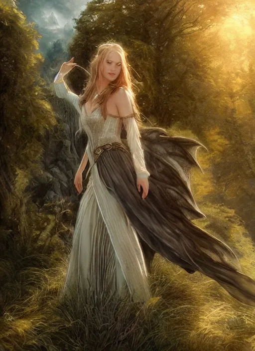 Image similar to full body portrait of a beautiful women with wings of lace in a lord of the rings scenery landscape, by artgerm, sunny day, highly detailed, perfect lighting, perfect composition, 4 k, by alan lee, by derek zabrocki, by greg rutkowski