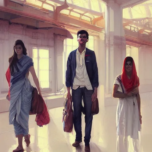 Prompt: Anxious good looking pale young Indian doctors wearing American clothes at the airport, portrait, elegant, intricate, digital painting, artstation, concept art, smooth, sharp focus, illustration, art by artgerm and greg rutkowski and alphonse mucha