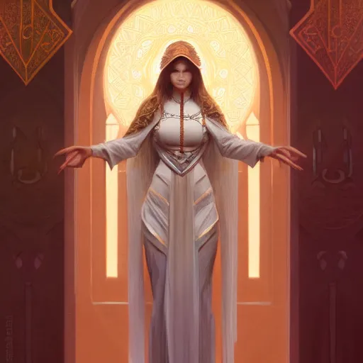 Prompt: character concept portrait of the oracle, a modest woman blessed by god to divine the future, tall and virtuous, symmetry, modestly clothed, intricate, elegant, highly detailed, digital painting, artstation, concept art, smooth, sharp focus, illustration, art by gaston bussiere and alphone mucha