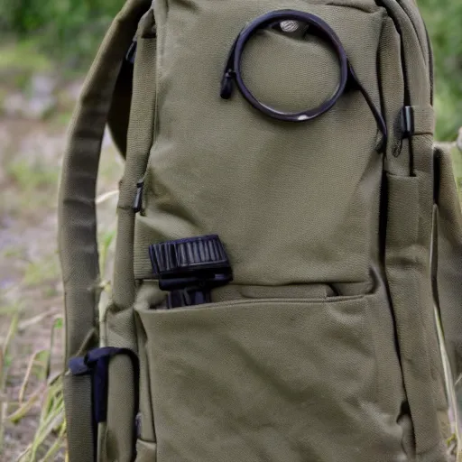 Image similar to a backpack with a rifle barrel sticking out of the top. photo taken by a 2,2mm lens, the lens has dust on it.