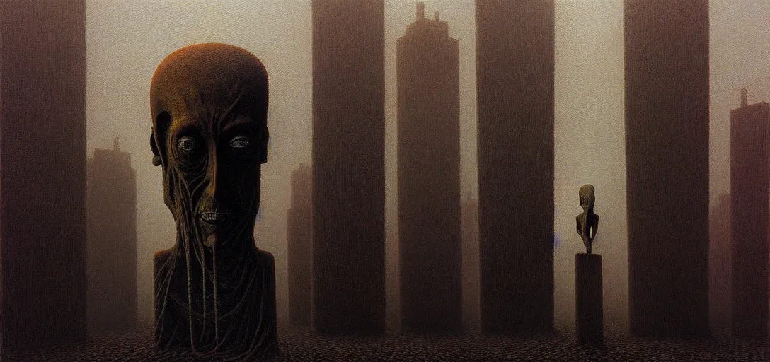 Prompt: deep shadows horror dystopian surreal painting of a single eerie head statue surrounded by buildings by zdzisław beksinski, poverty, broken, relic