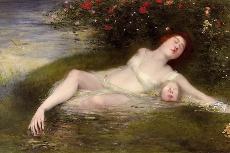 Prompt: a virtuosic portrait of a beautiful young ophelia, floating drowned, with closed eyes, in the dark waters of a river surrounded by high green grass and many fine flowers, wearing a nicely crafted antique dress, by sir john everett millais, realistic, hyperdetailed, ethereal, sad, masterpiece, oil painting