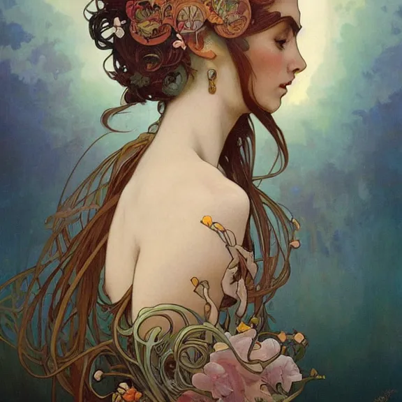 Image similar to a highly detailed beautiful portrait in the style of alphonse mucha and in the style of peter mohrbacher.