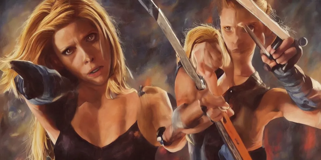 Prompt: beautiful painting of Buffy Summers fighting an evil!!! vampire; oil painting, masterpiece, extremely highly detailed; ultra realistic; trending on artstation