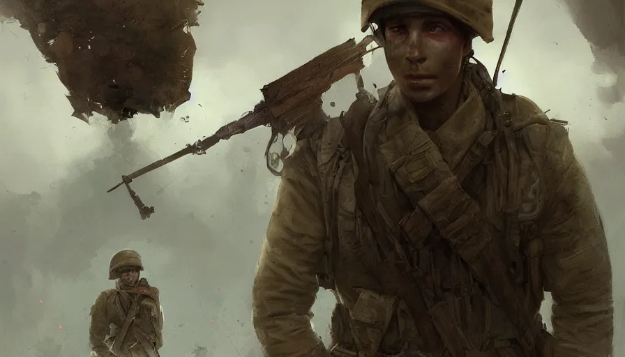 Image similar to beautiful digital painting of a love survivor, one soldier after his squad killed in action in a trench waiting for the war to end. cinematic lighting and rendering, atmospheric, concept art, high detailed faces, artstation by artgerm and greg rutkowski,,