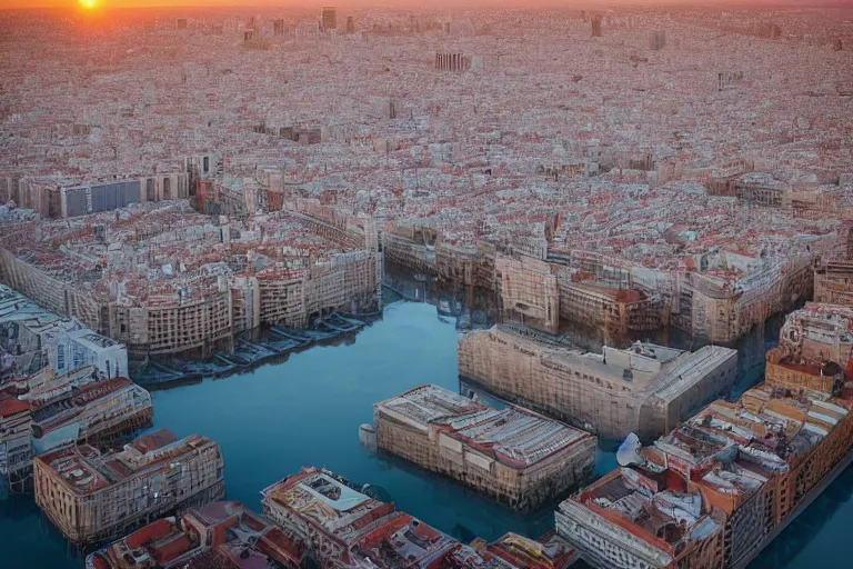 Image similar to views of catastrophic barcelona's agbar tower covered with high water, global warming, floating cars, sunset lighting, photo real