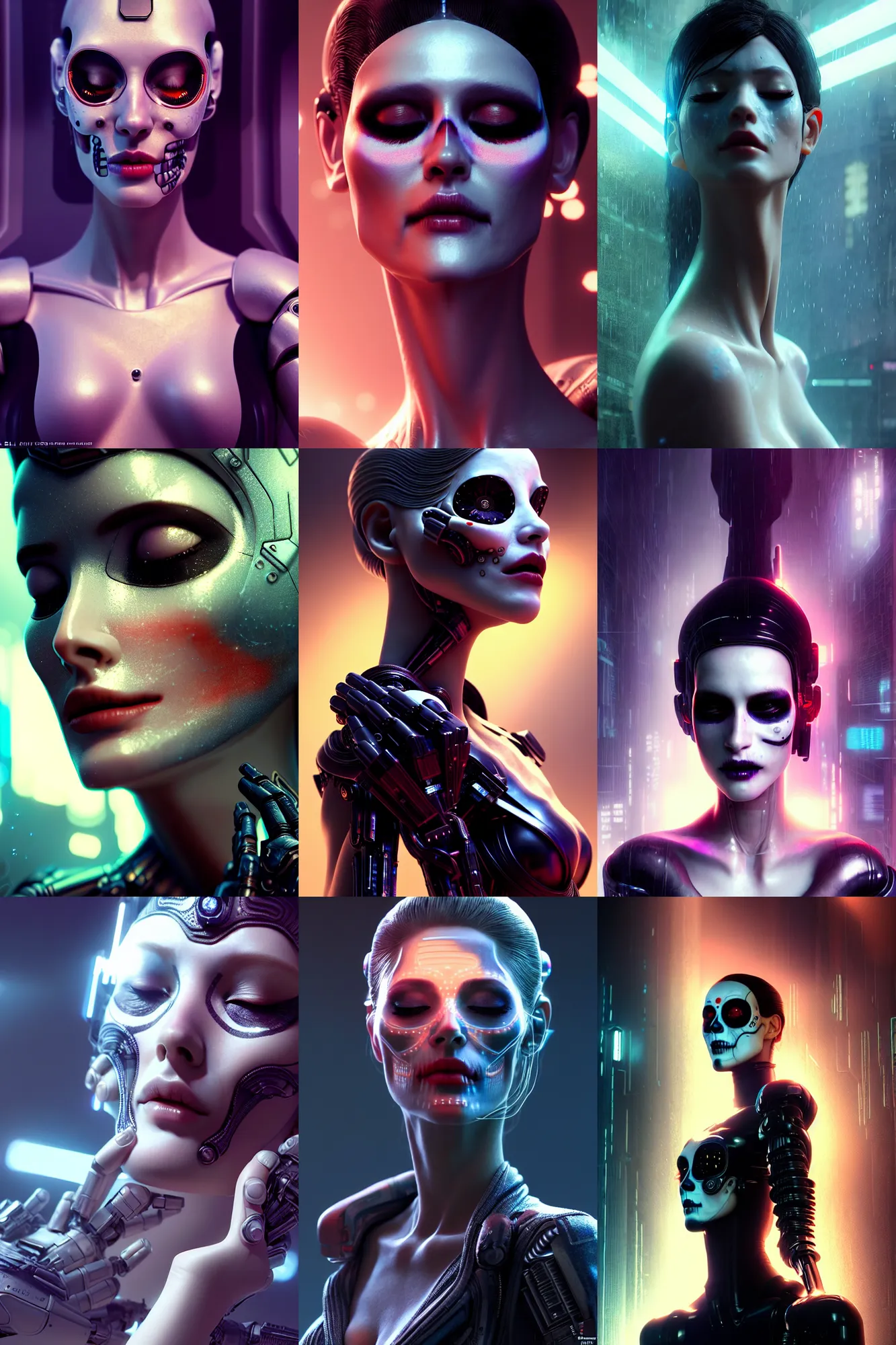 Prompt: beautiful android woman, eyes closed, photorealistic cinematic, 3 d model, cyborg, translucent, postcyberpunk, blade runner, octane render, concept art, vogue, 8 k, intricate detailed environment ( ( el dia los muertos ) ). by terry oneill and kuciara and karol bak and michelangelo and artgerm