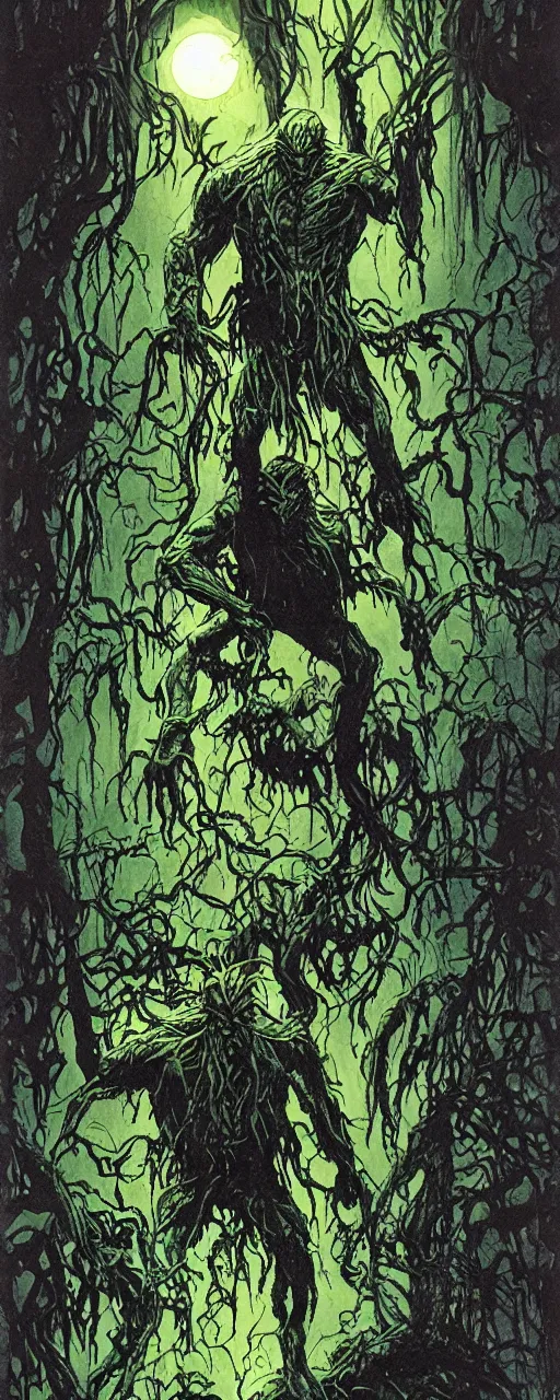 Prompt: swamp thing in a stoic brooding pose, forward angle, dramatic night lighting, by bernie wrightston, mike mignola and bill sienkiewicz, monstrous faces blended in the background scenery, canopy of drippy trees