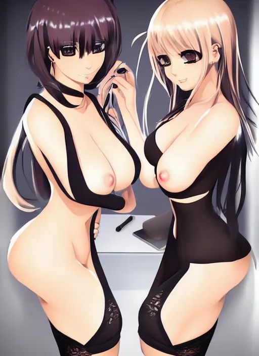 Image similar to two beautiful secretaries in the office, gorgeous faces, thick lines, cinematic lighting, detailed anime art