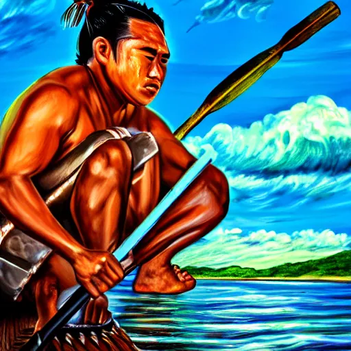 Image similar to a pacific islander warrior on a boat painting, 4 k, hyper realistic, dslr, high resolution, landscape, beautiful