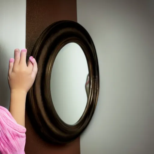 Image similar to realistic photograph of a girl facing the mirror while holding a bathroom sink with both hands in a dark room
