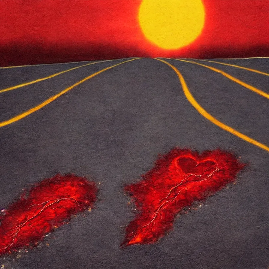 Image similar to atmospheric original artwork of a highway road that is a blood artery leading to the heart's core, which is like the sun.