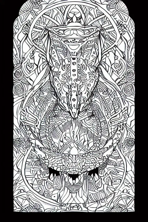 Prompt: symmetric lizard adult colouring page ink drawing