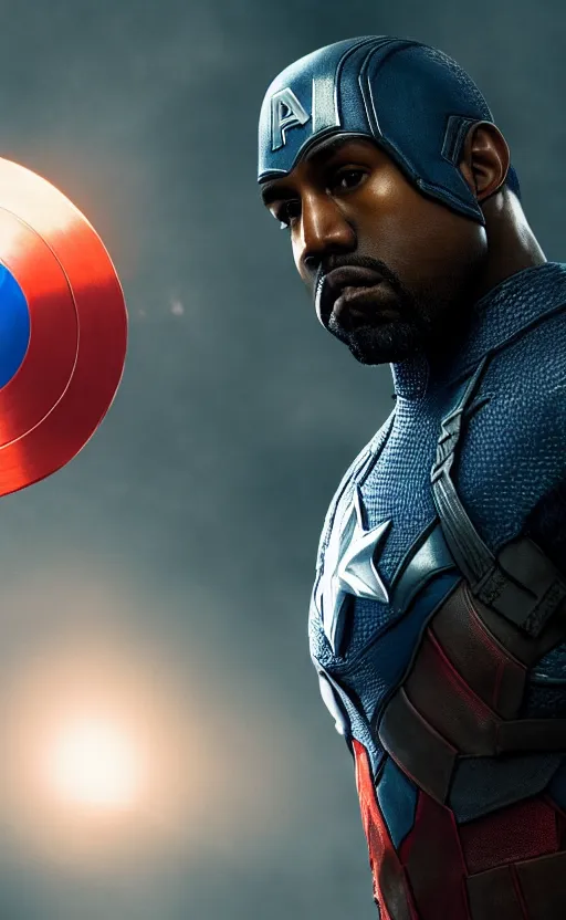 Image similar to Portrait of Kanye West as Captain America in Skyrim, splash art, movie still, cinematic lighting, dramatic, octane render, long lens, shallow depth of field, bokeh, anamorphic lens flare, 8k, hyper detailed, 35mm film grain