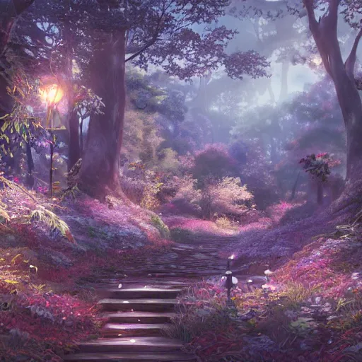 Image similar to the aesthetic view of the beautiful, grand, wistful, dreamy hidden forest at dusk, hyperrealistic anime illustration by iralki nadar, colorful, extremely detailed, intricate linework, super sharp focus, bright colors, octopath traveler, studio ghibli, unreal engine 5 highly rendered, global illumination, radiant light, detailed and intricate environment