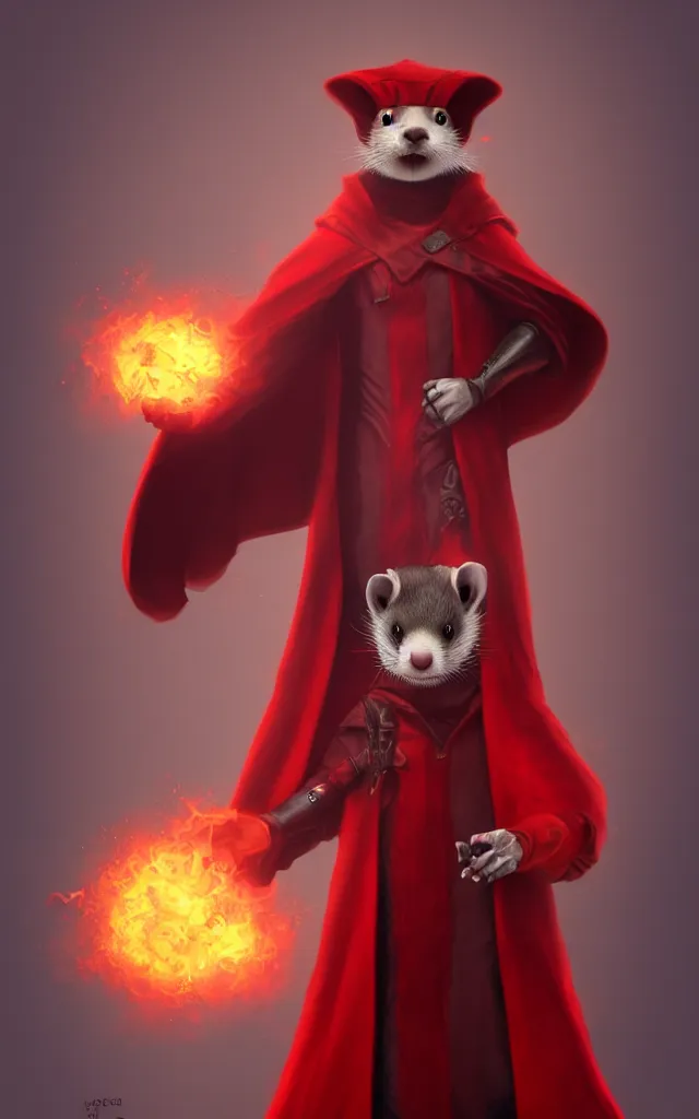 Image similar to a anthropomorphic ferret is a dark warlock dressed red robes, he's very menacing and evil, he's holding a fireball, hyperdetailed, artstation, cgsociety, 8 k