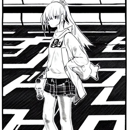 Image similar to manga, monochrome, made by toriyama akira, front portrait of a girl, modern clothing, sneaker shoes, arcade cabinet